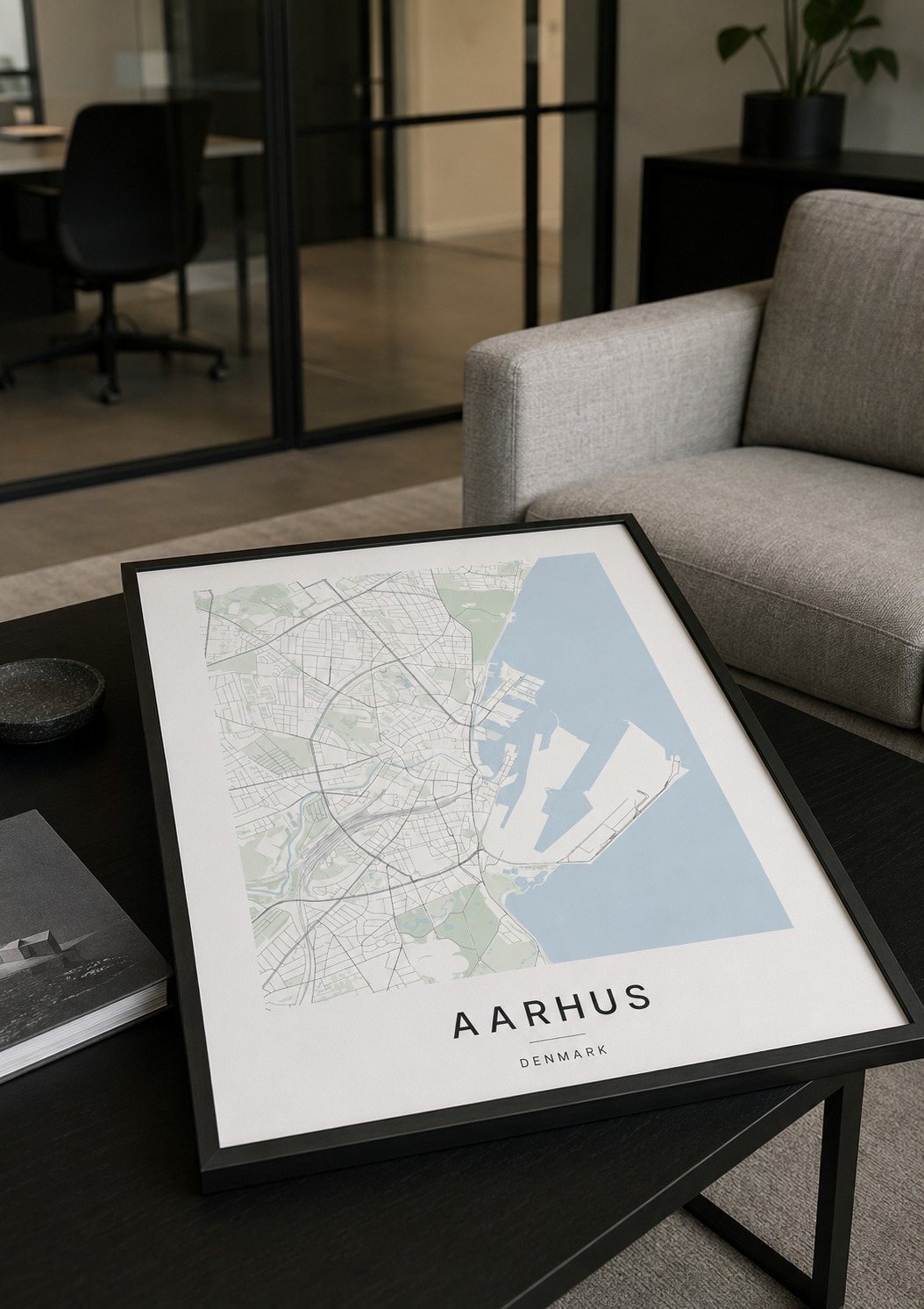 Aarhus map print framed on a wall