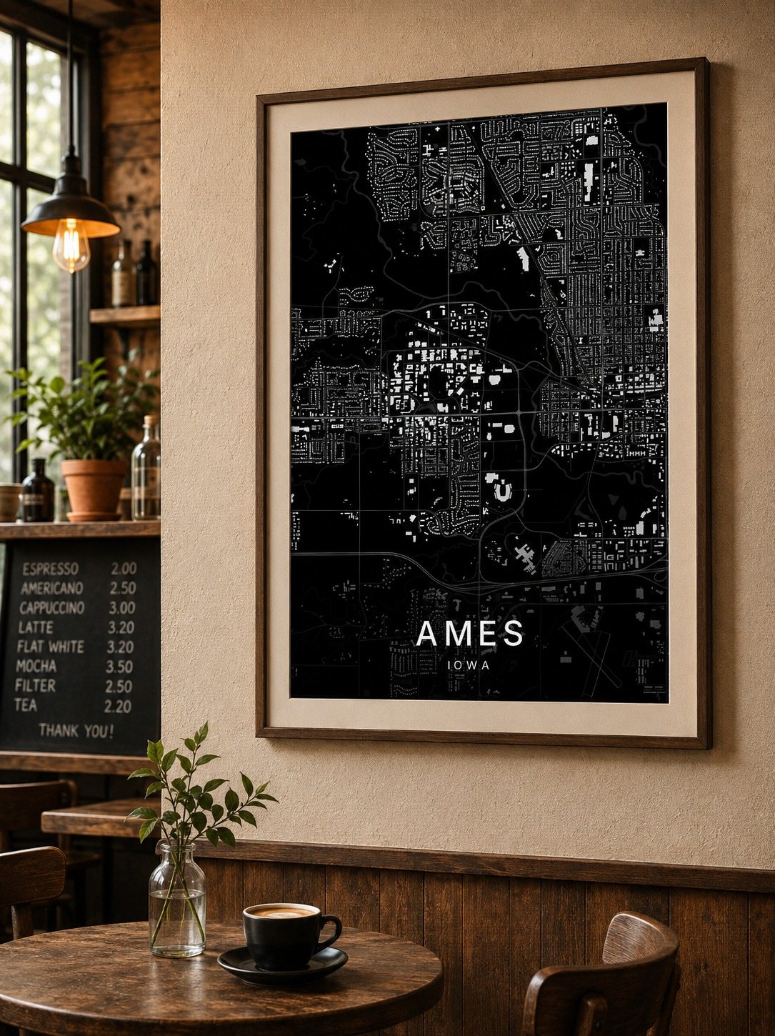 Ames map print framed on a wall