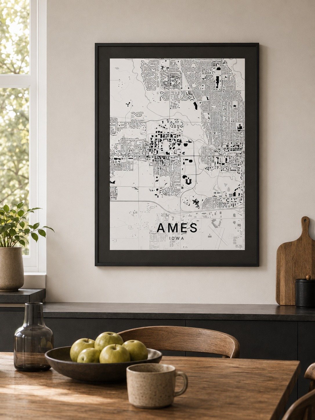 Ames map print framed on a wall