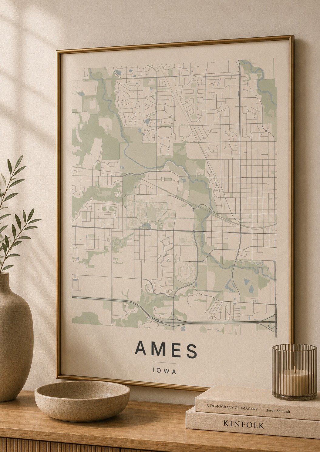 Ames map print framed on a wall