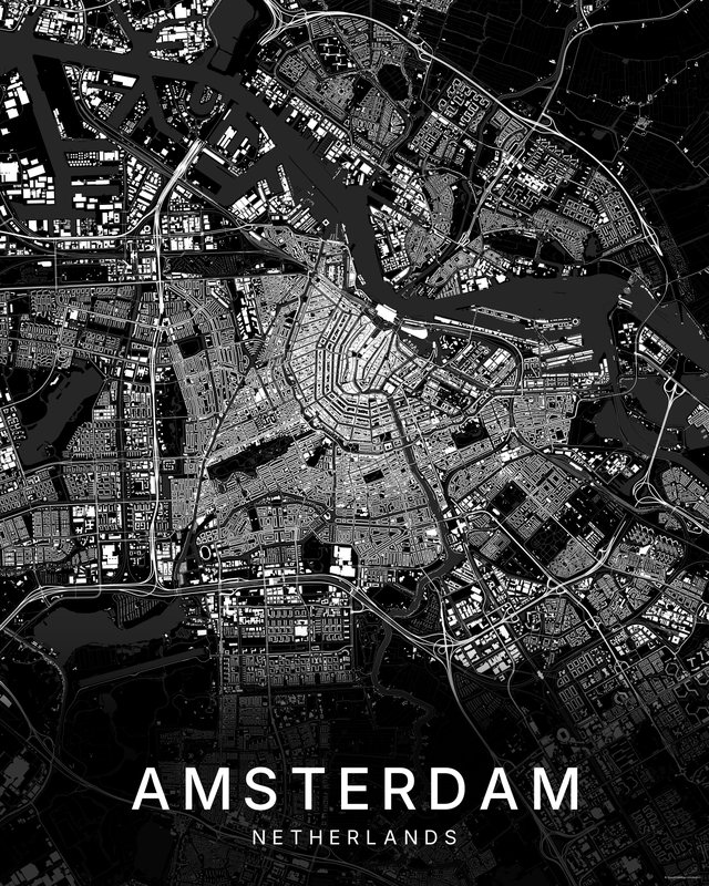 Amsterdam map print, Dark colorway