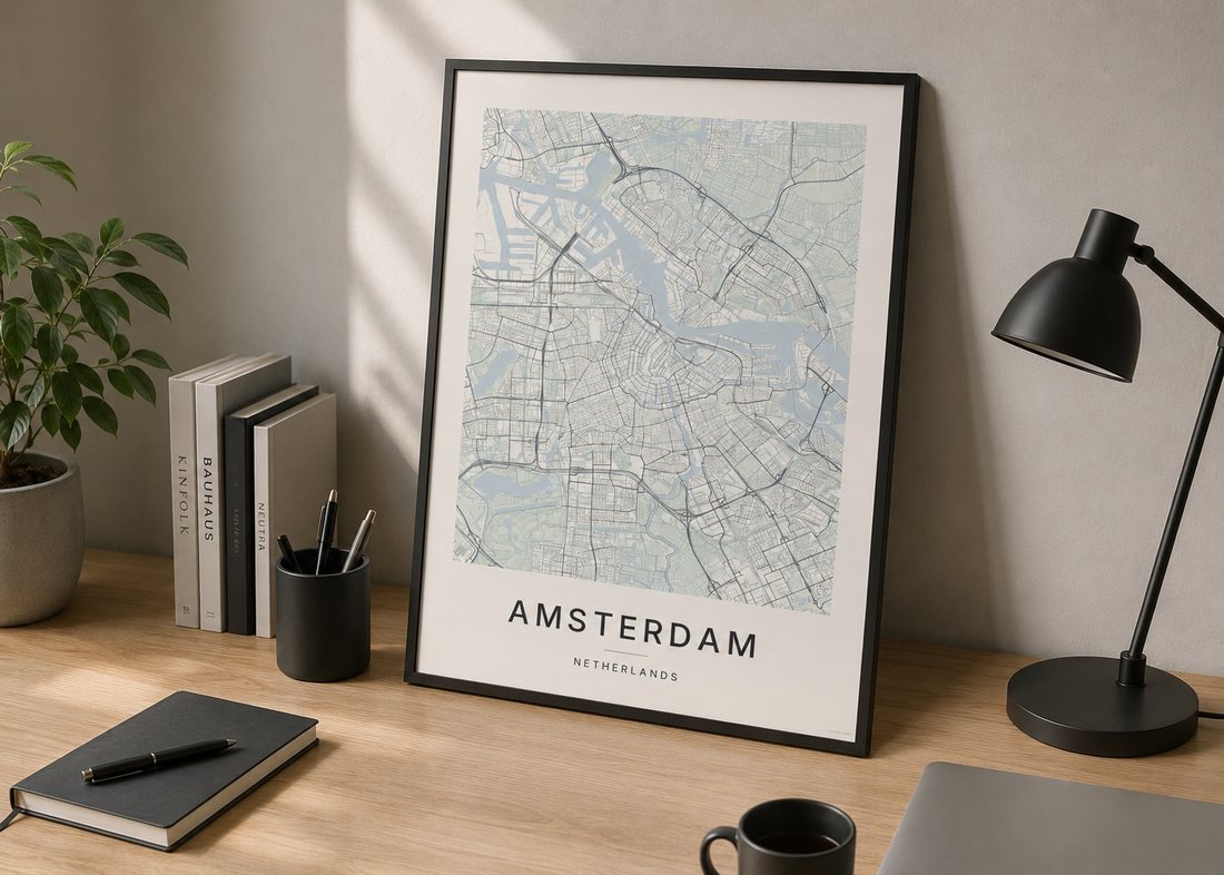 Amsterdam map print framed on a wall