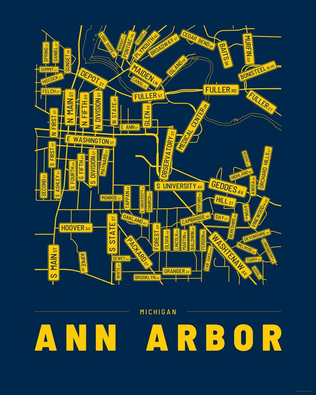 Ann Arbor street map print, Accent colorway