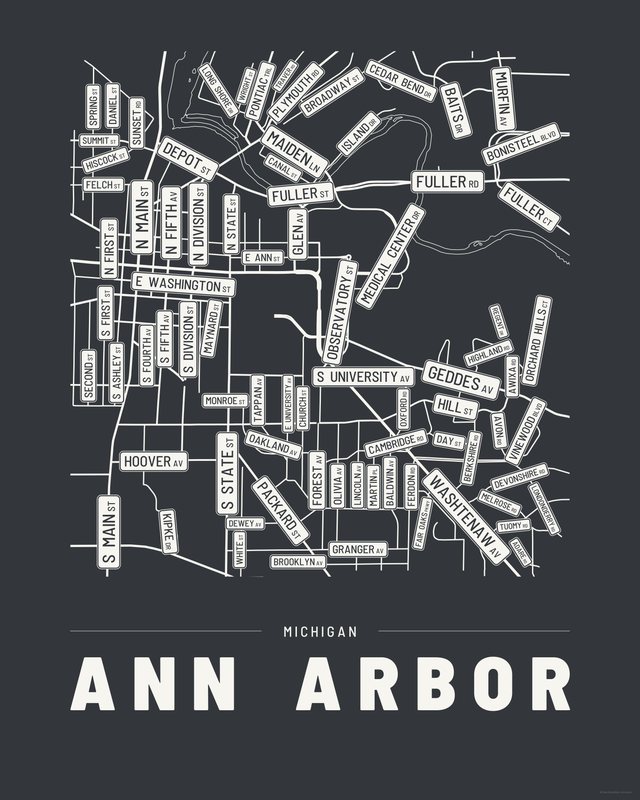 Ann Arbor street map print, Ink colorway