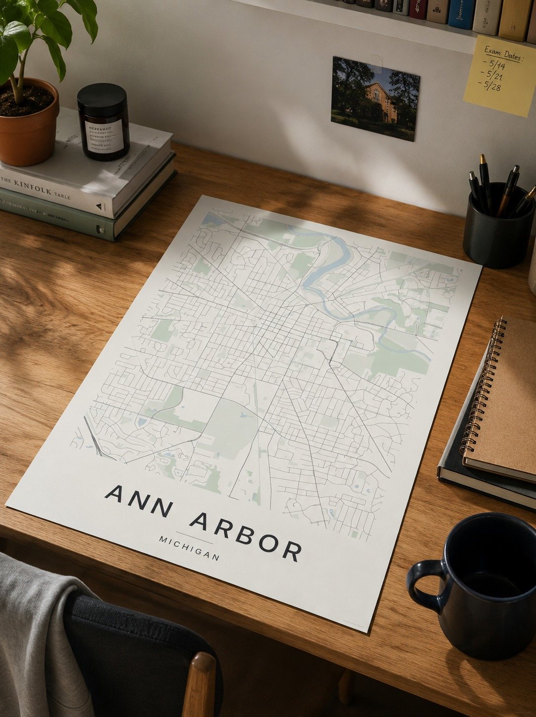Ann Arbor map print framed on a wall