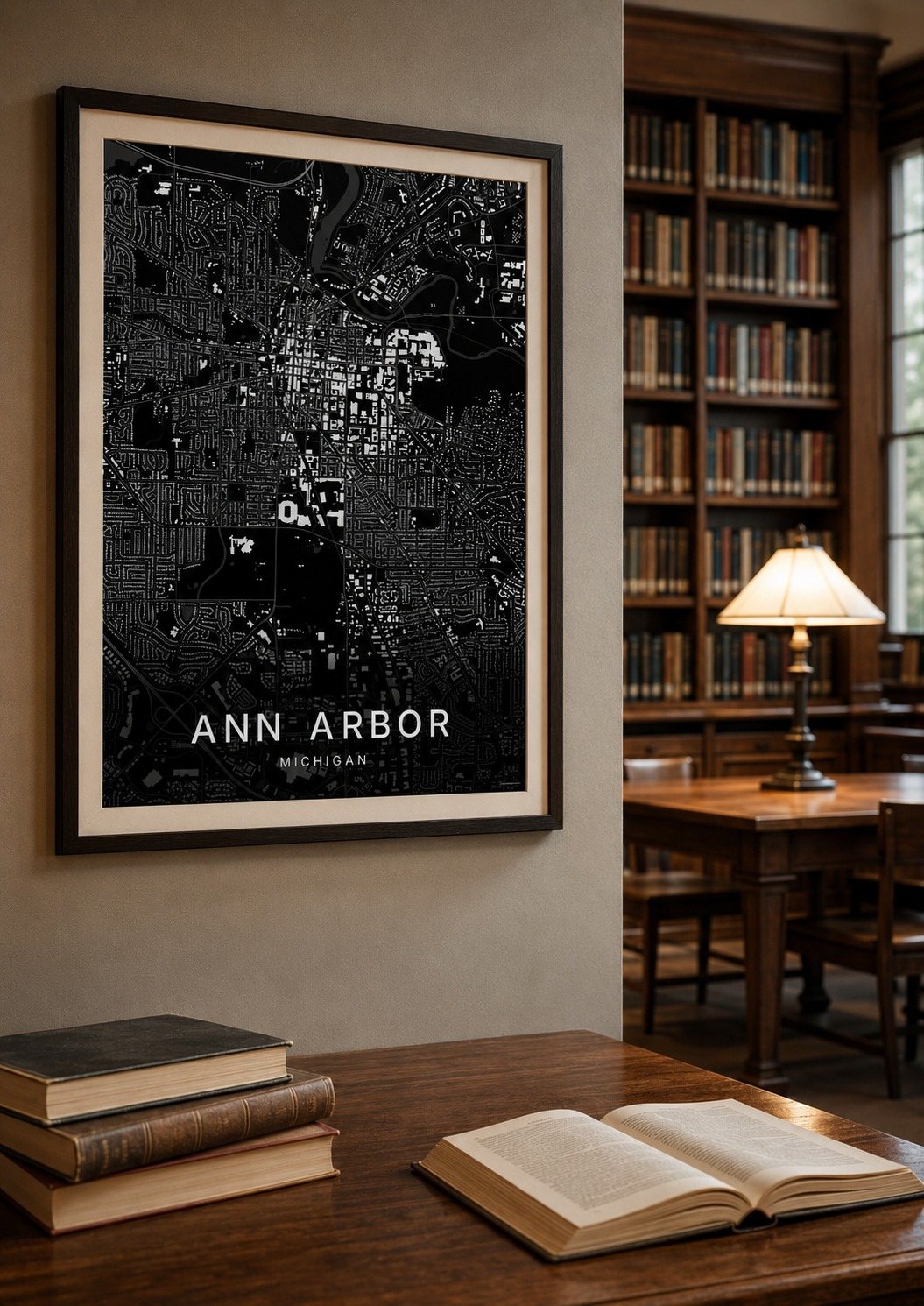 Ann Arbor map print framed on a wall