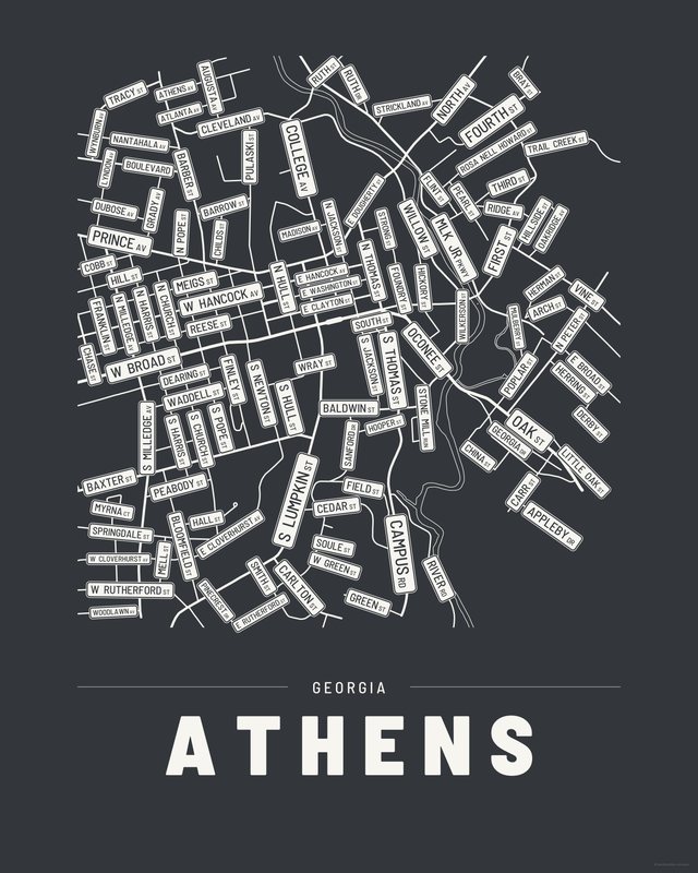 Athens street map print, Ink colorway