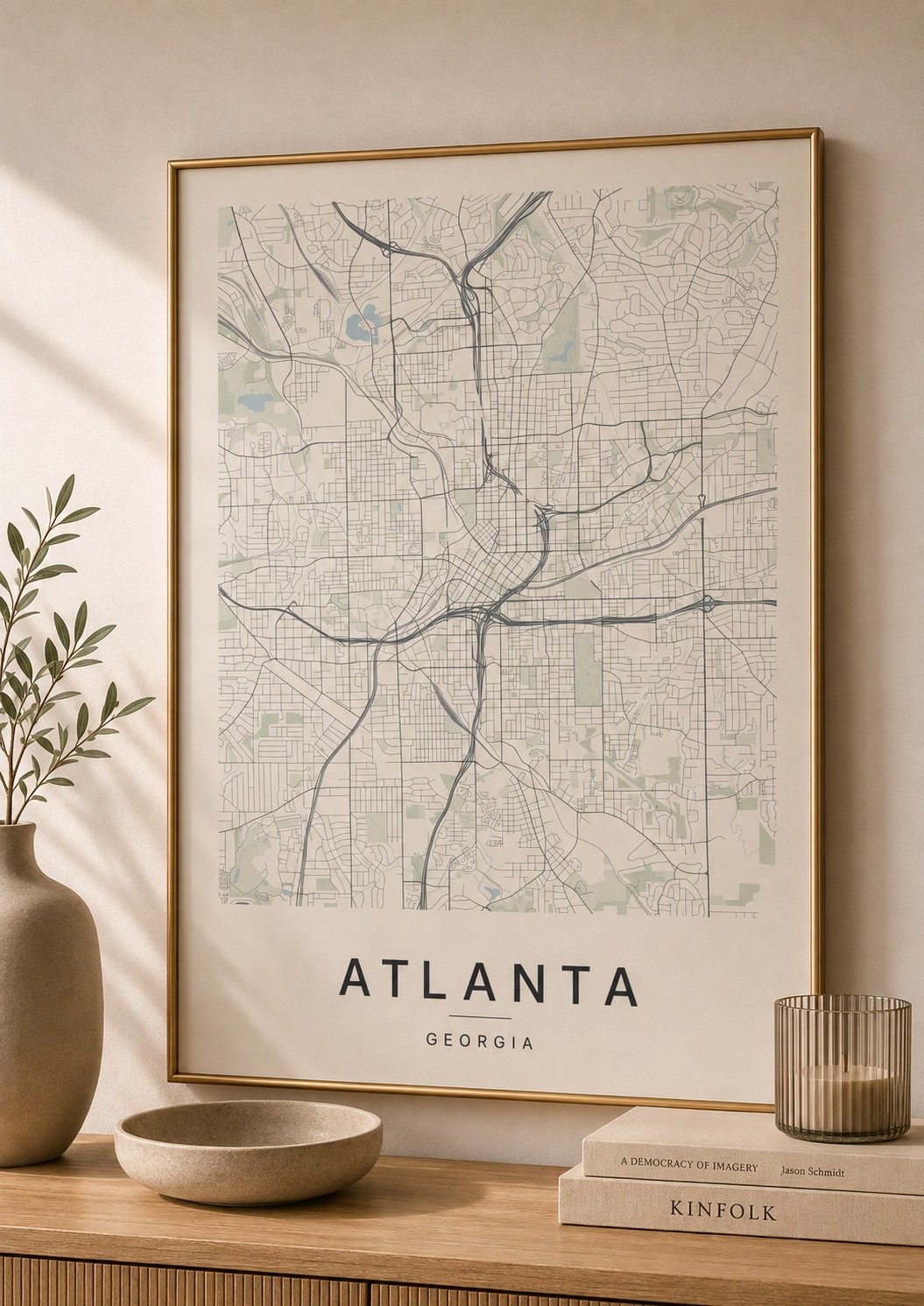 Atlanta map print framed on a wall