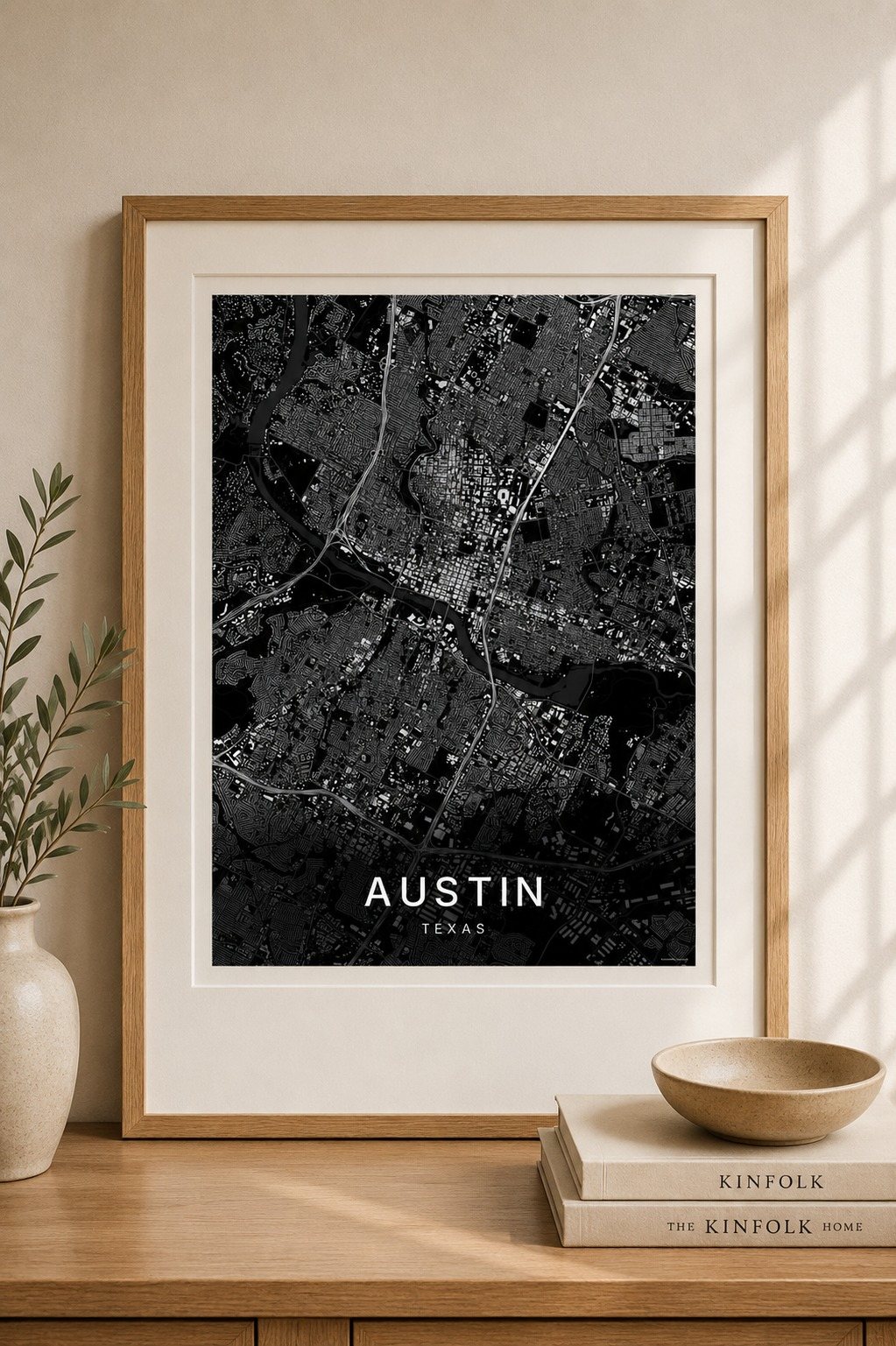 Austin map print framed on a wall