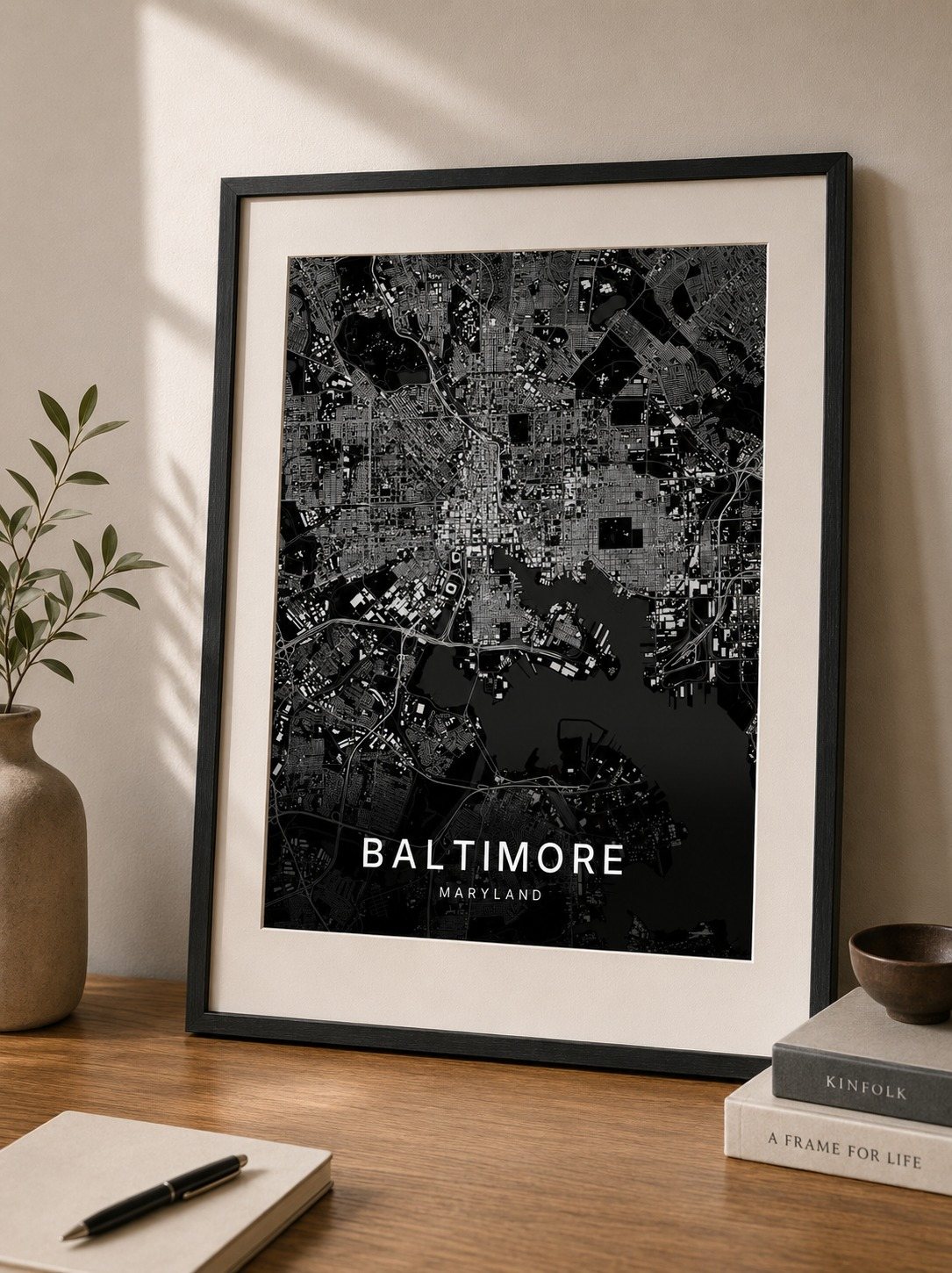 Baltimore map print framed on a wall
