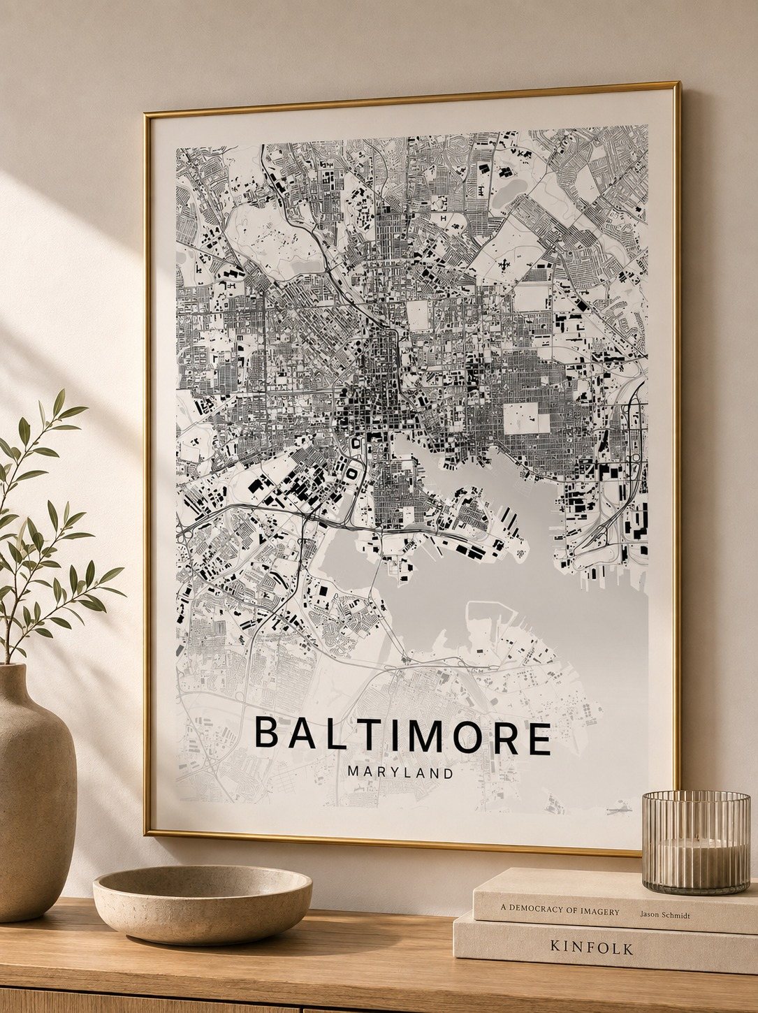 Baltimore map print framed on a wall