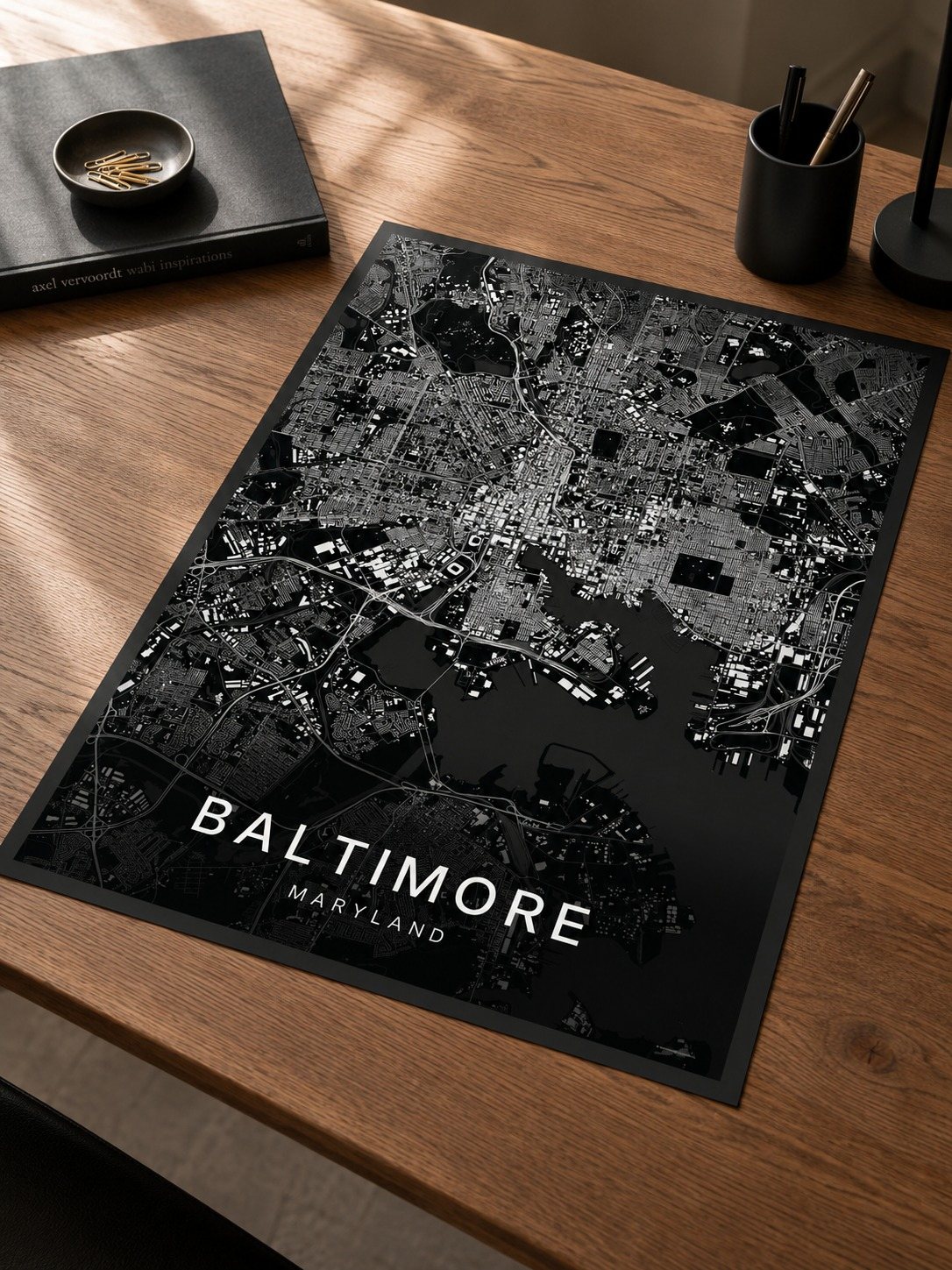 Baltimore map print framed on a wall