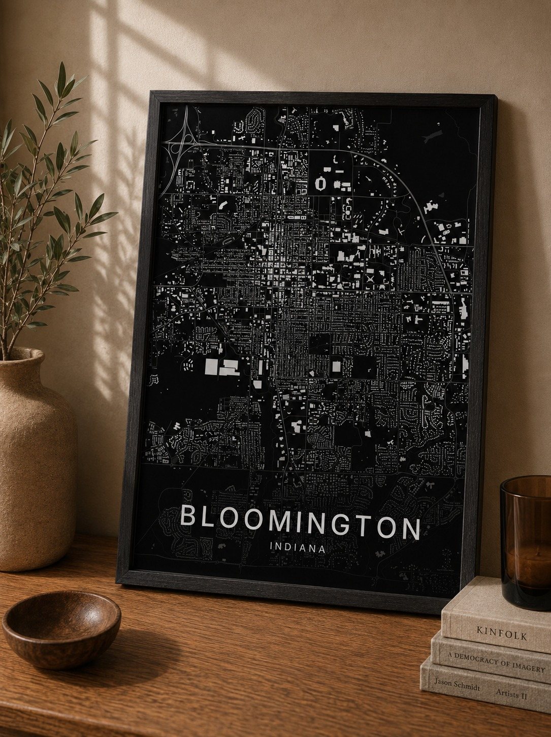 Bloomington map print framed on a wall
