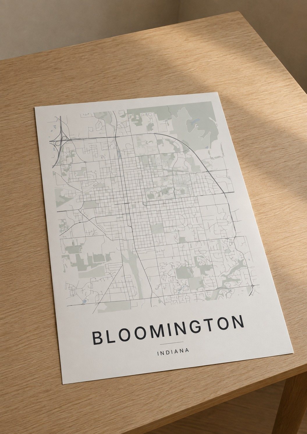 Bloomington map print framed on a wall