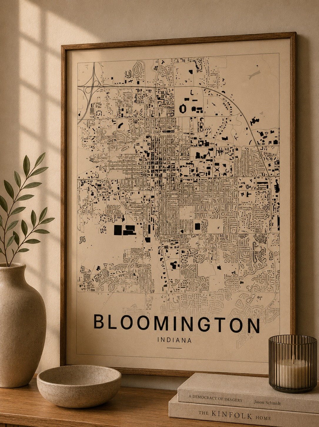 Bloomington map print framed on a wall