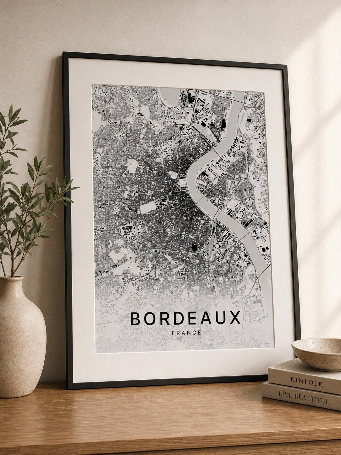 Bordeaux map print framed on a wall