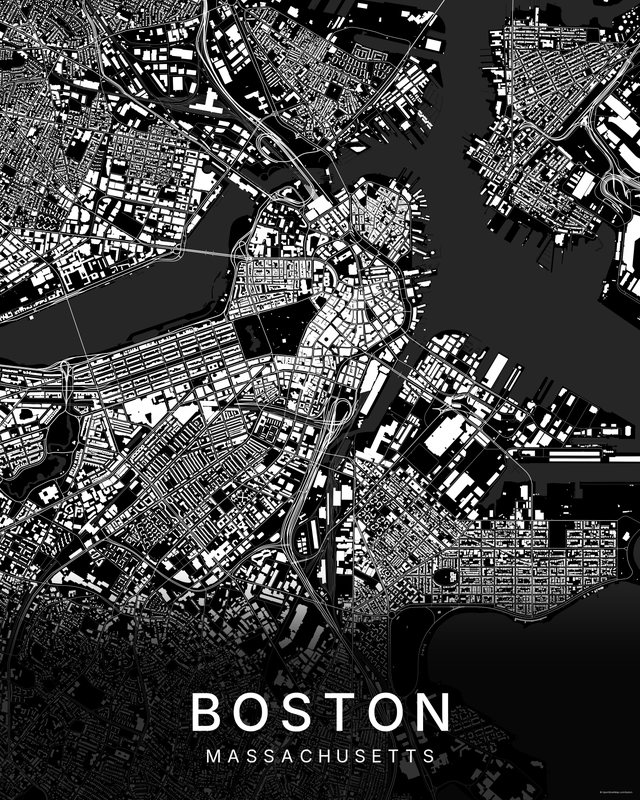 Boston map print, Dark colorway