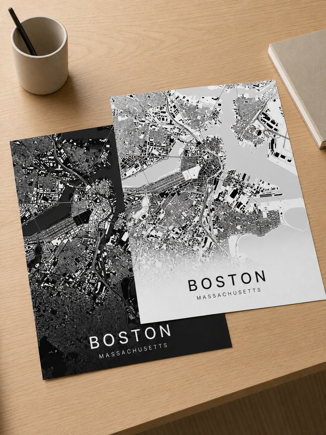 Boston map print framed on a wall
