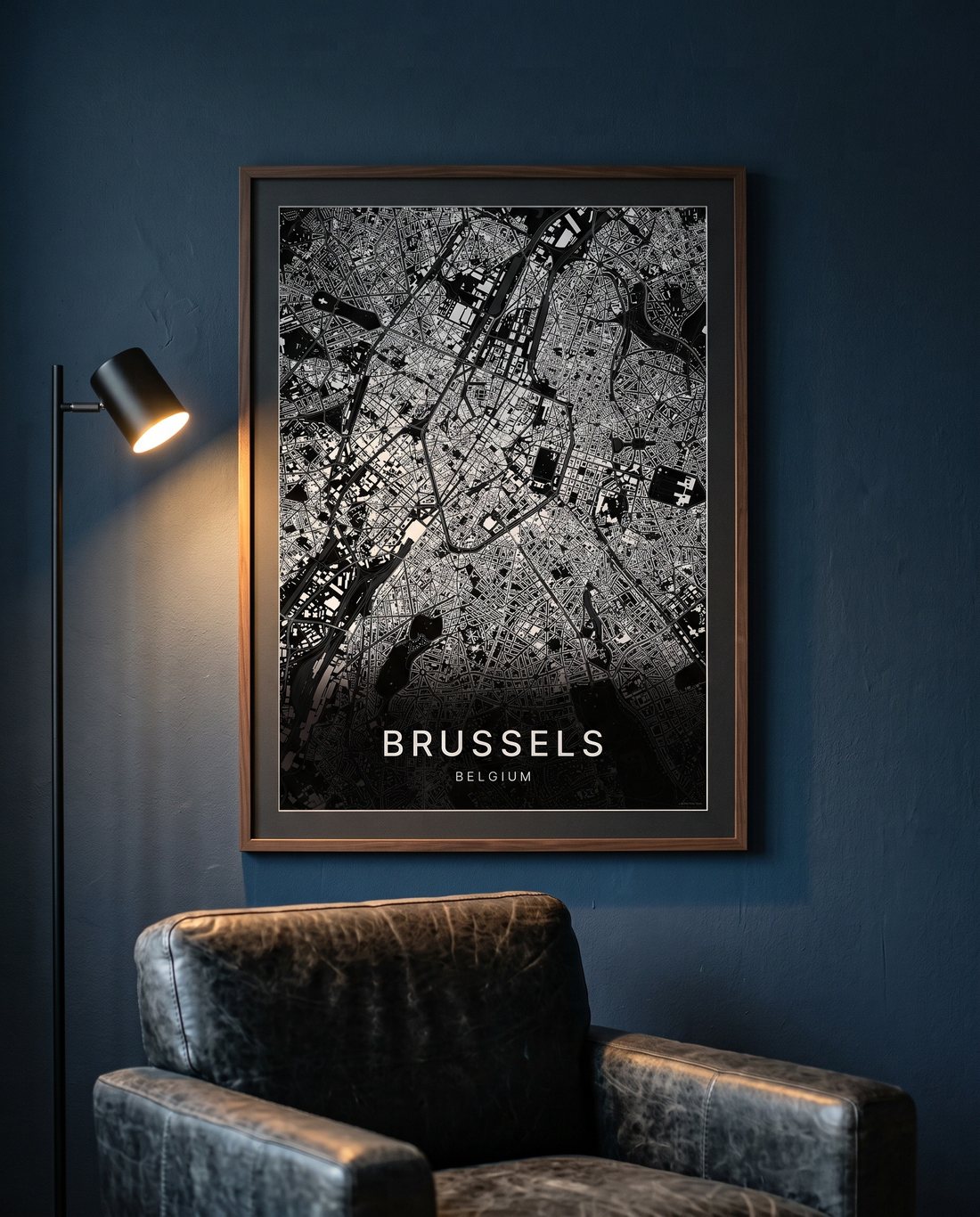 Brussels map print framed on a wall