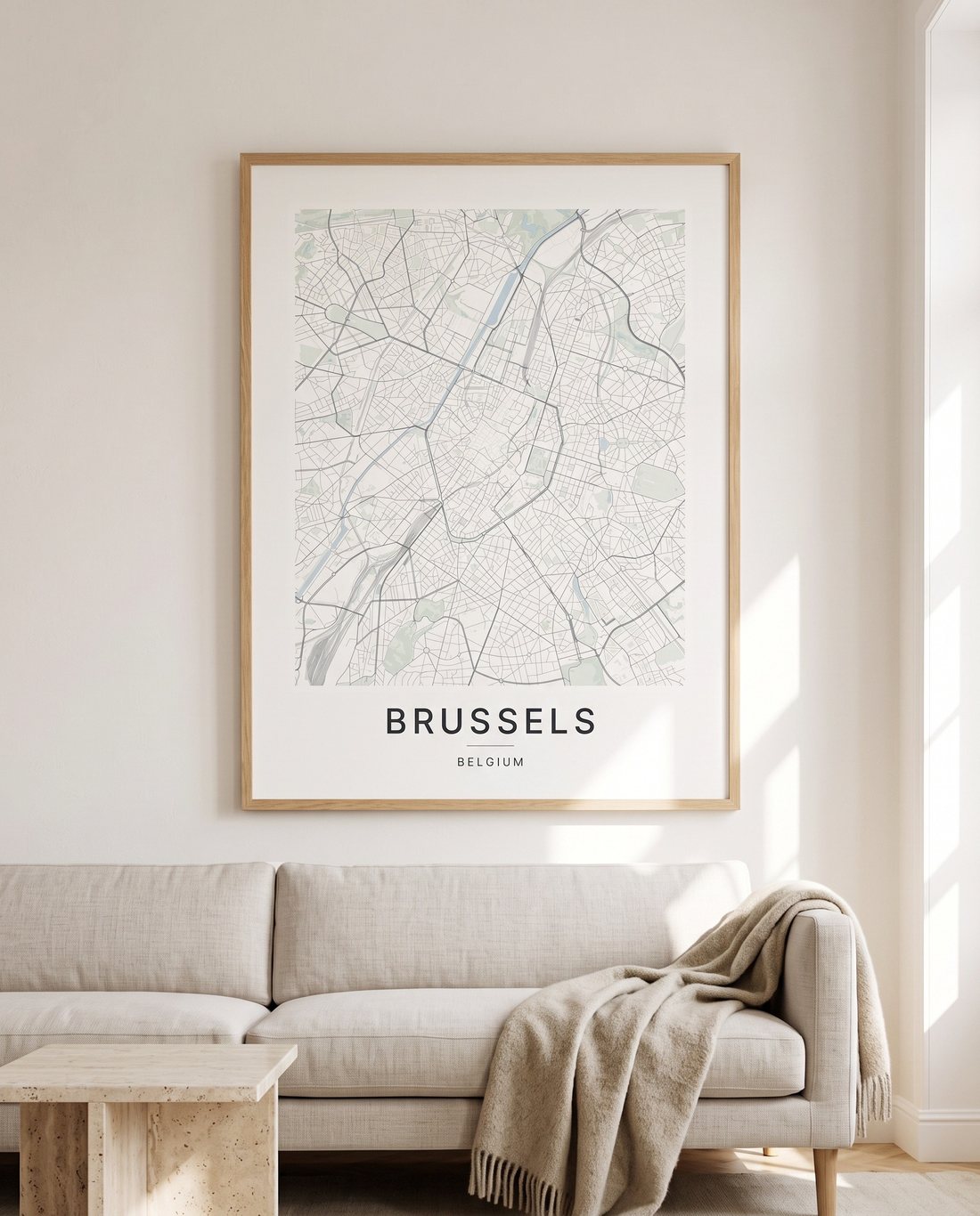 Brussels map print framed on a wall