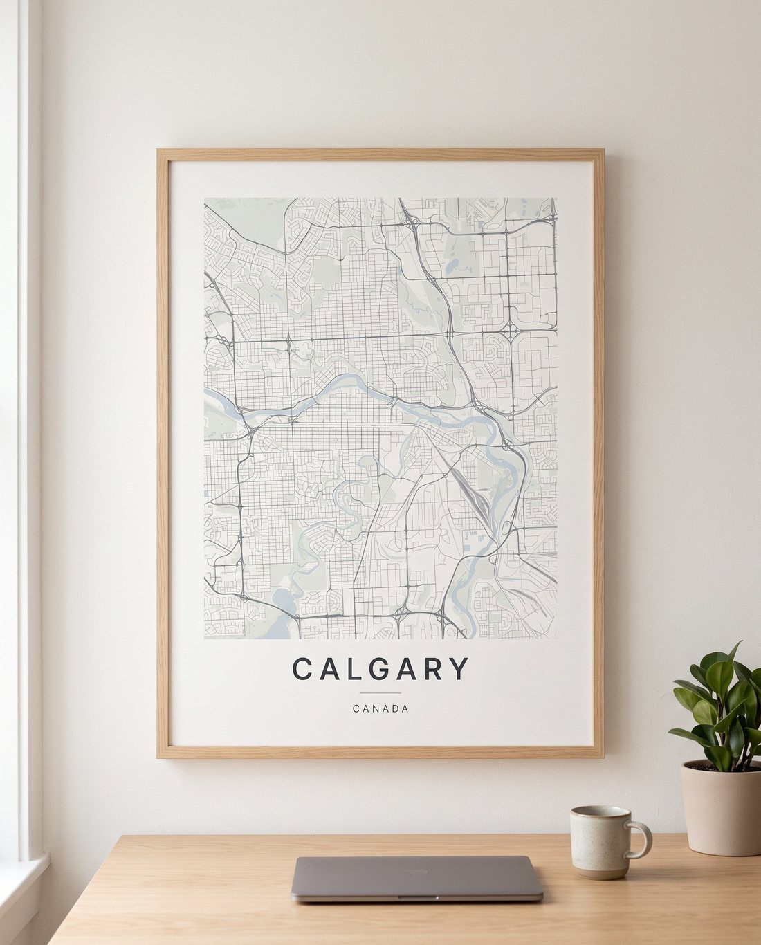 Calgary map print framed on a wall