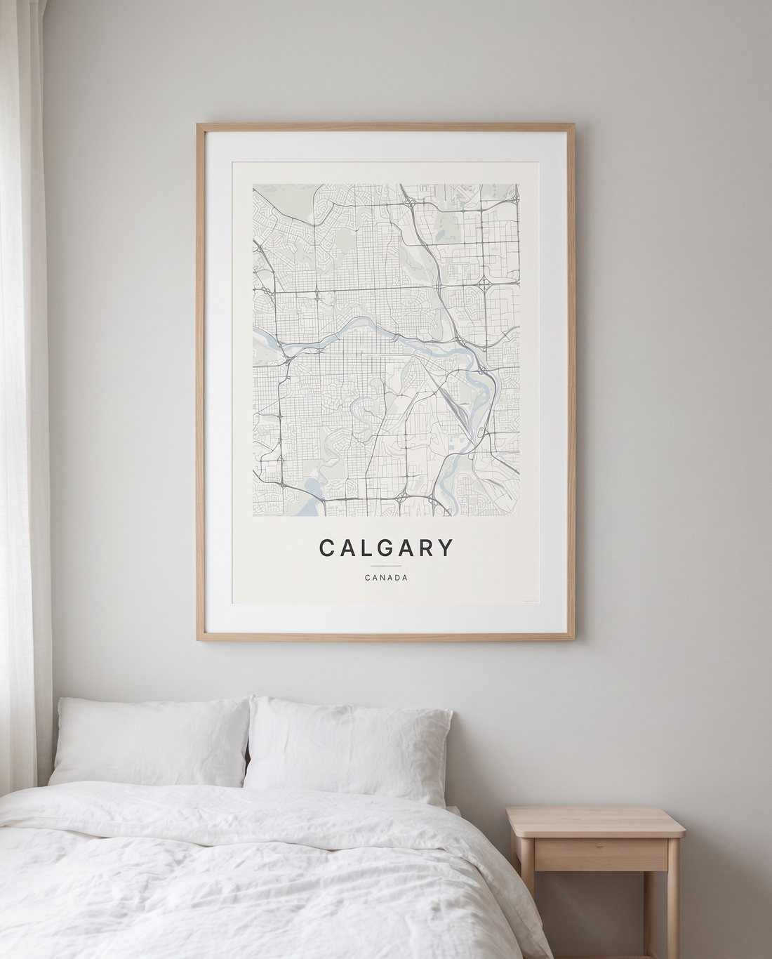 Calgary map print framed on a wall