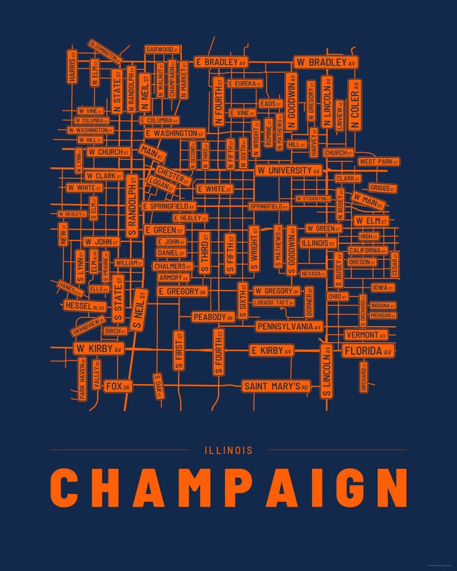 Champaign street map print, Accent colorway
