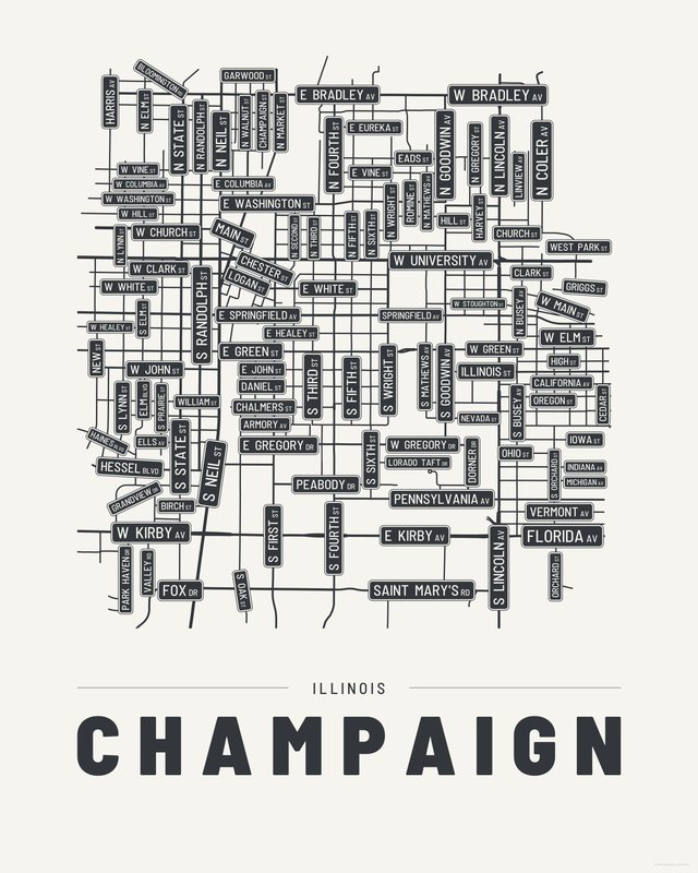 Champaign street map print, Paper colorway