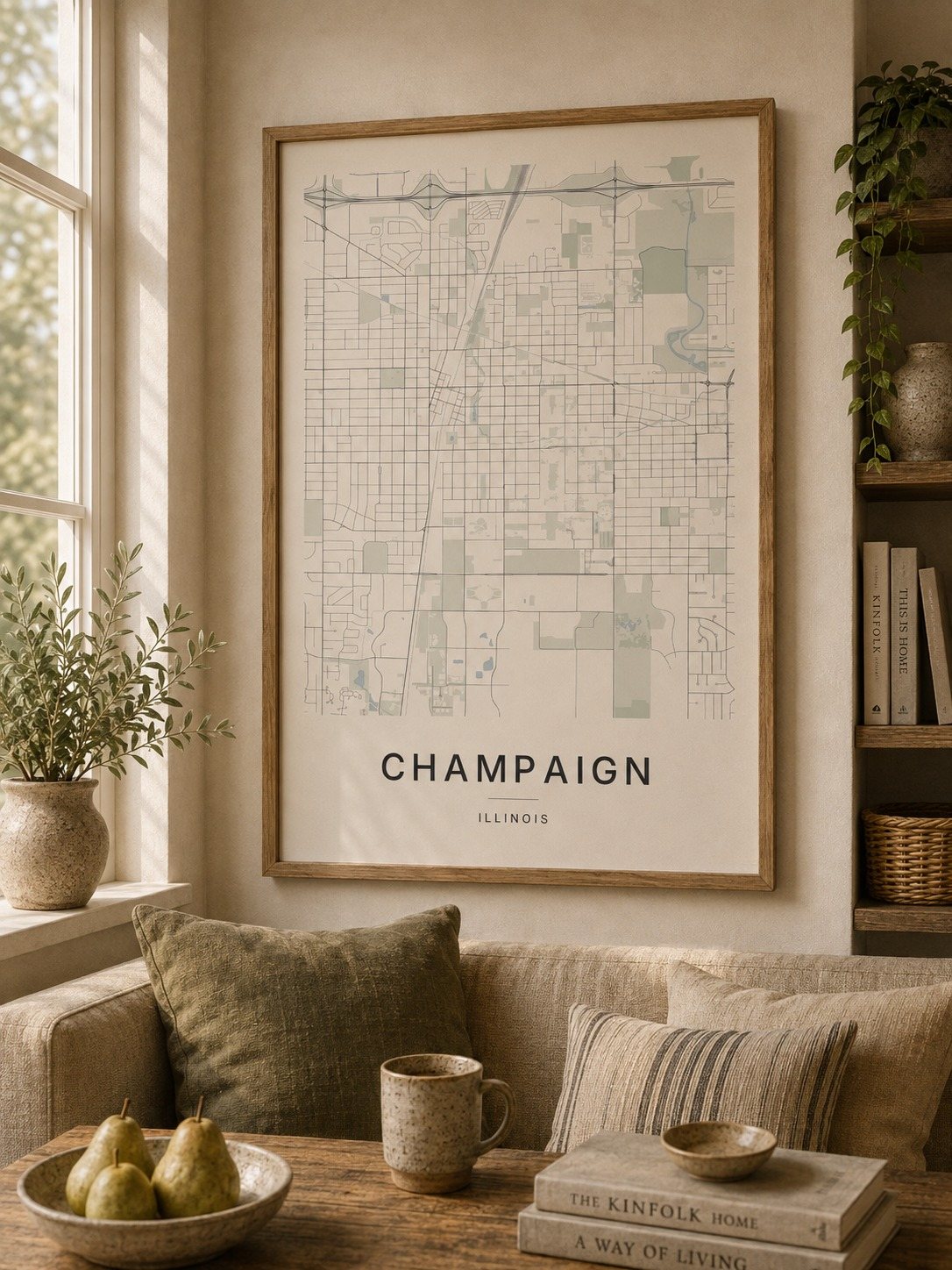 Champaign map print framed on a wall