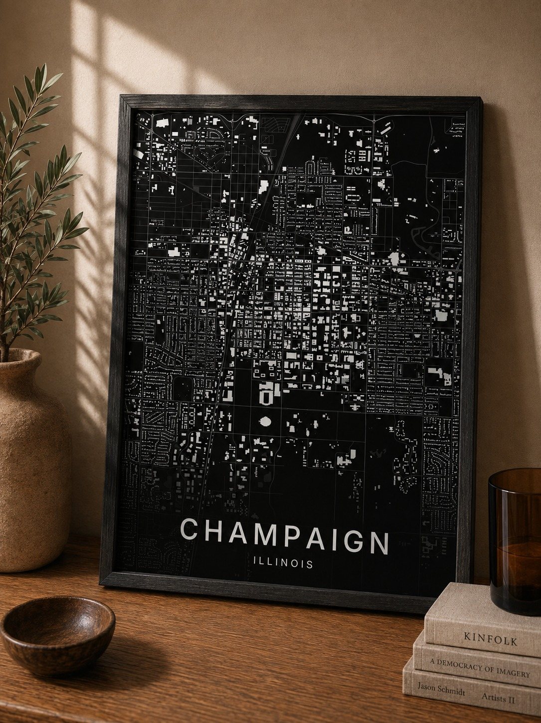 Champaign map print framed on a wall
