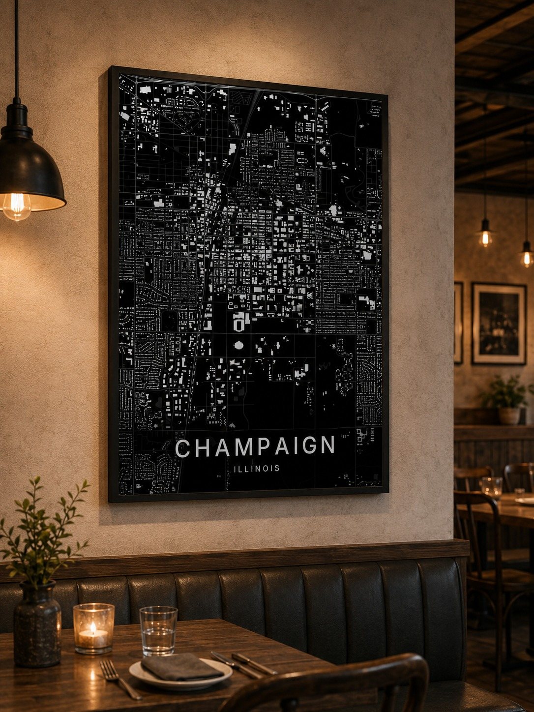 Champaign map print framed on a wall