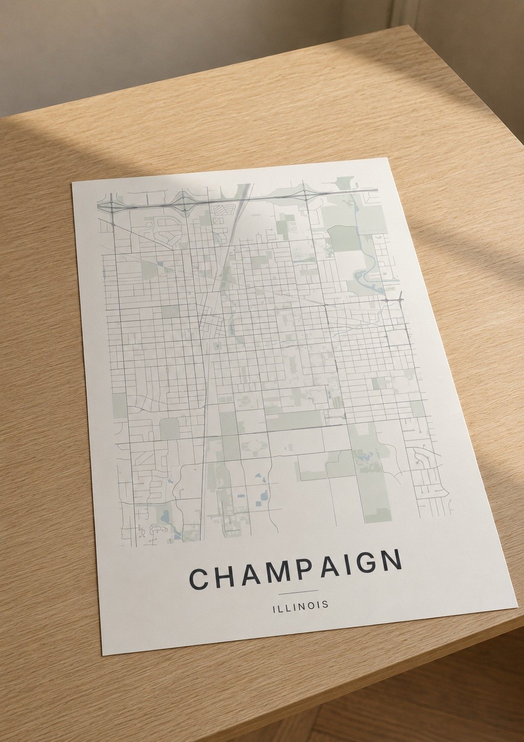 Champaign map print framed on a wall