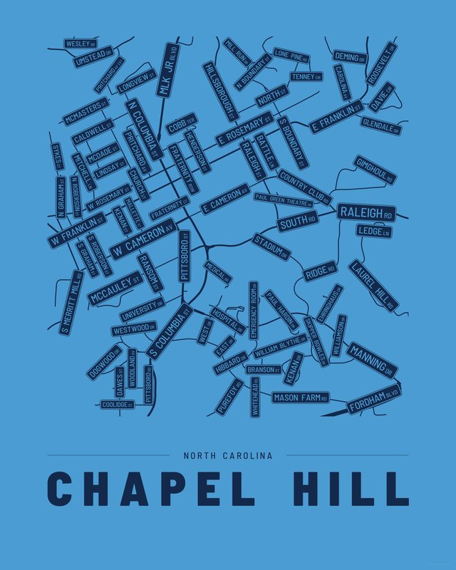 Chapel Hill street map print, Accent colorway