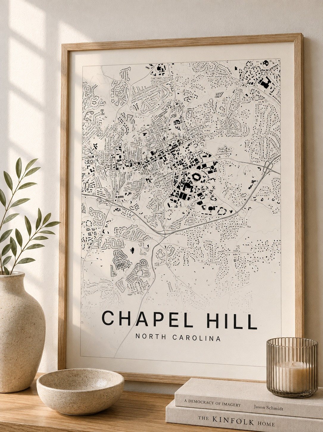 Chapel Hill map print framed on a wall