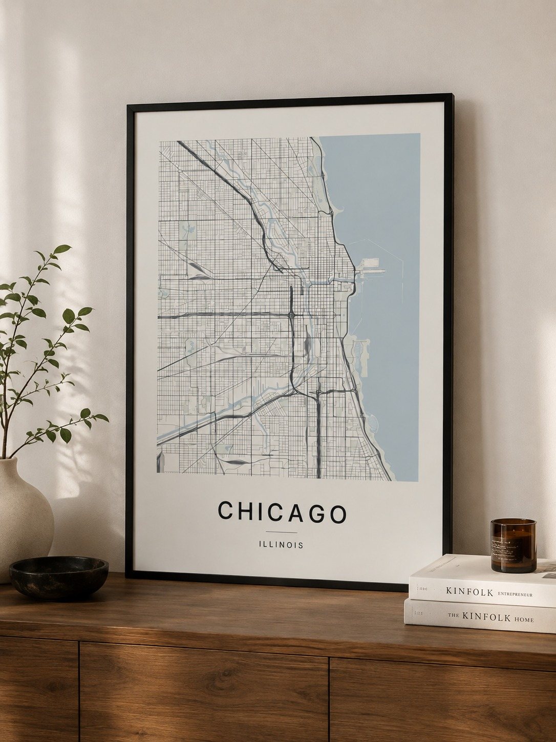 Chicago map print framed on a wall
