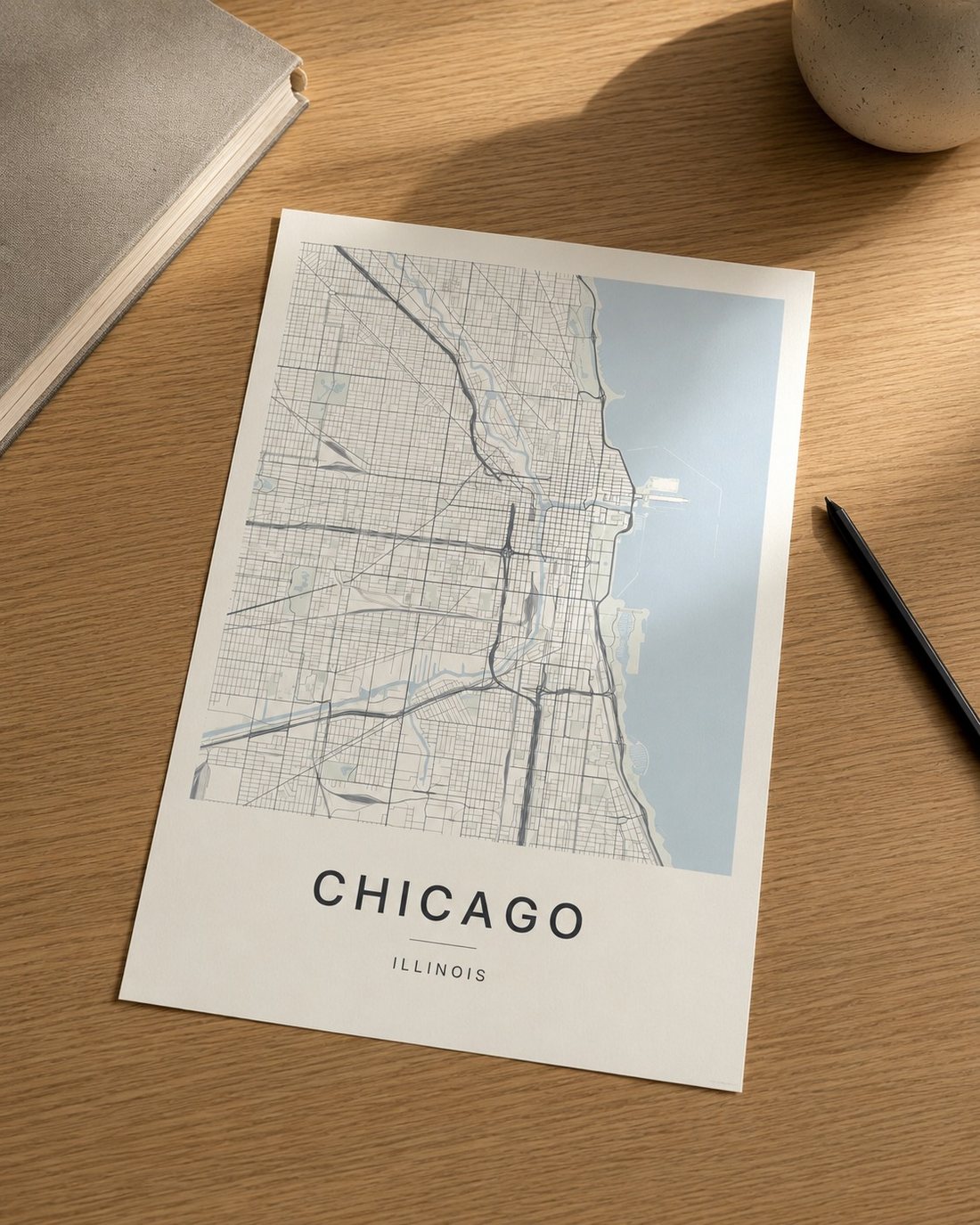Chicago map print framed on a wall