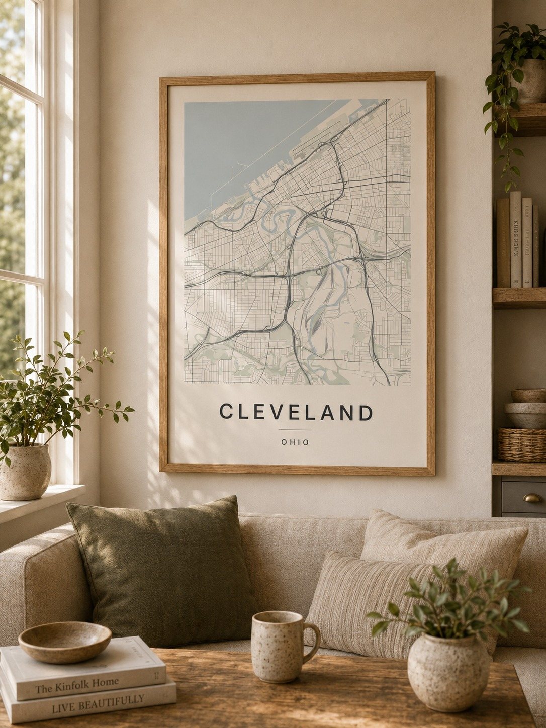 Cleveland map print framed on a wall