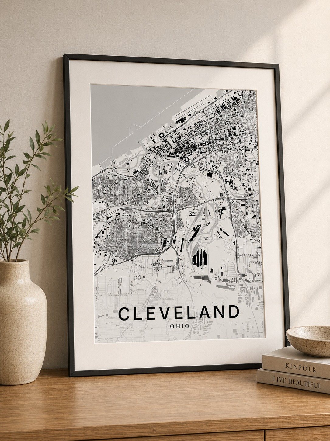 Cleveland map print framed on a wall