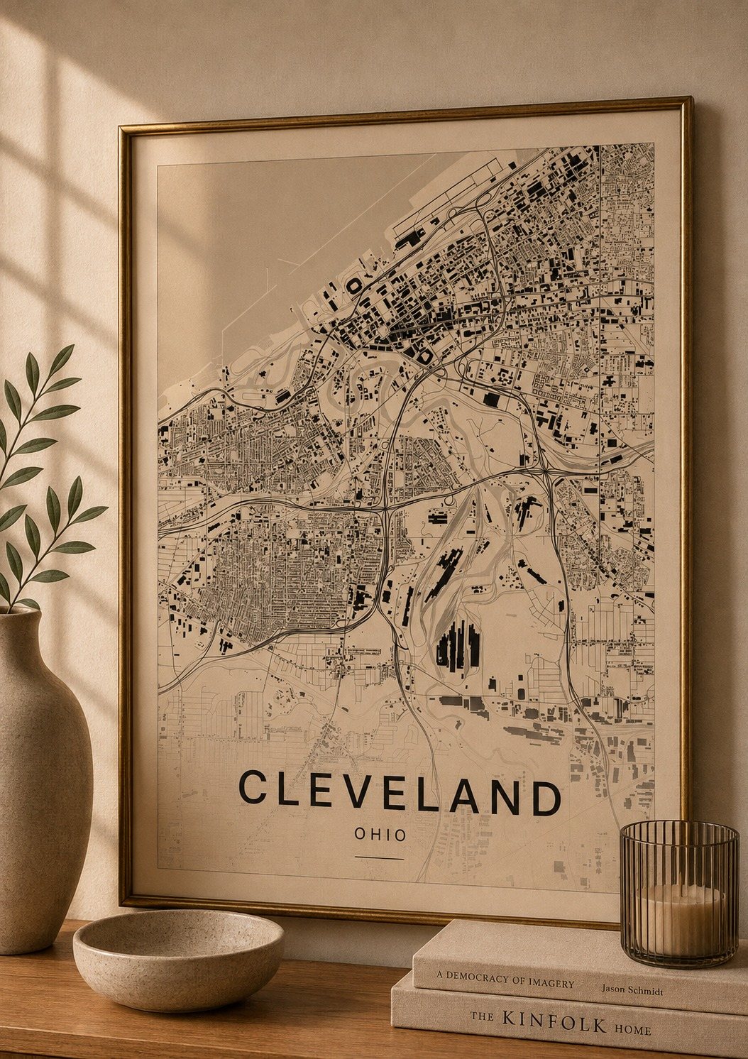 Cleveland map print framed on a wall