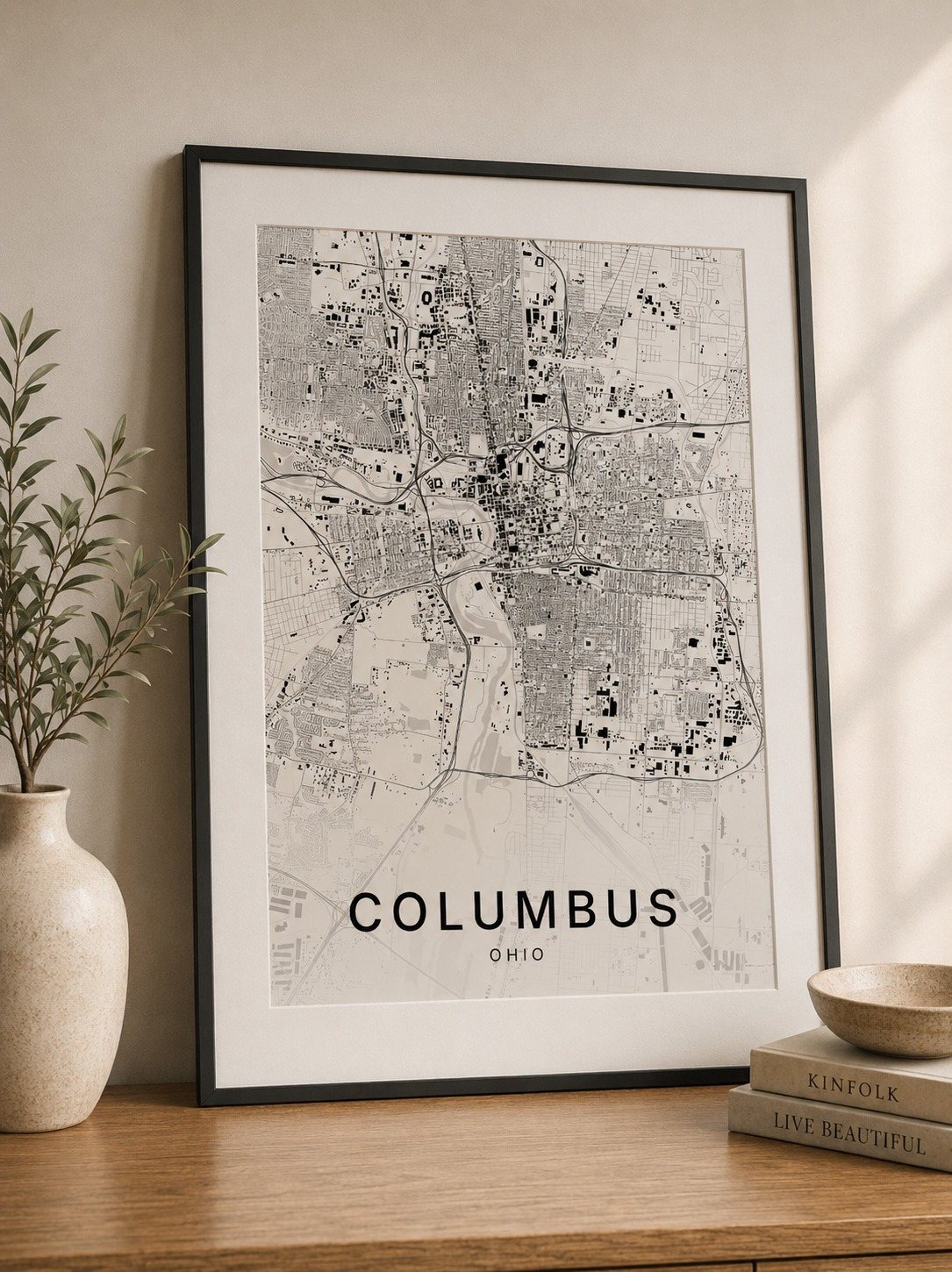 Columbus map print framed on a wall