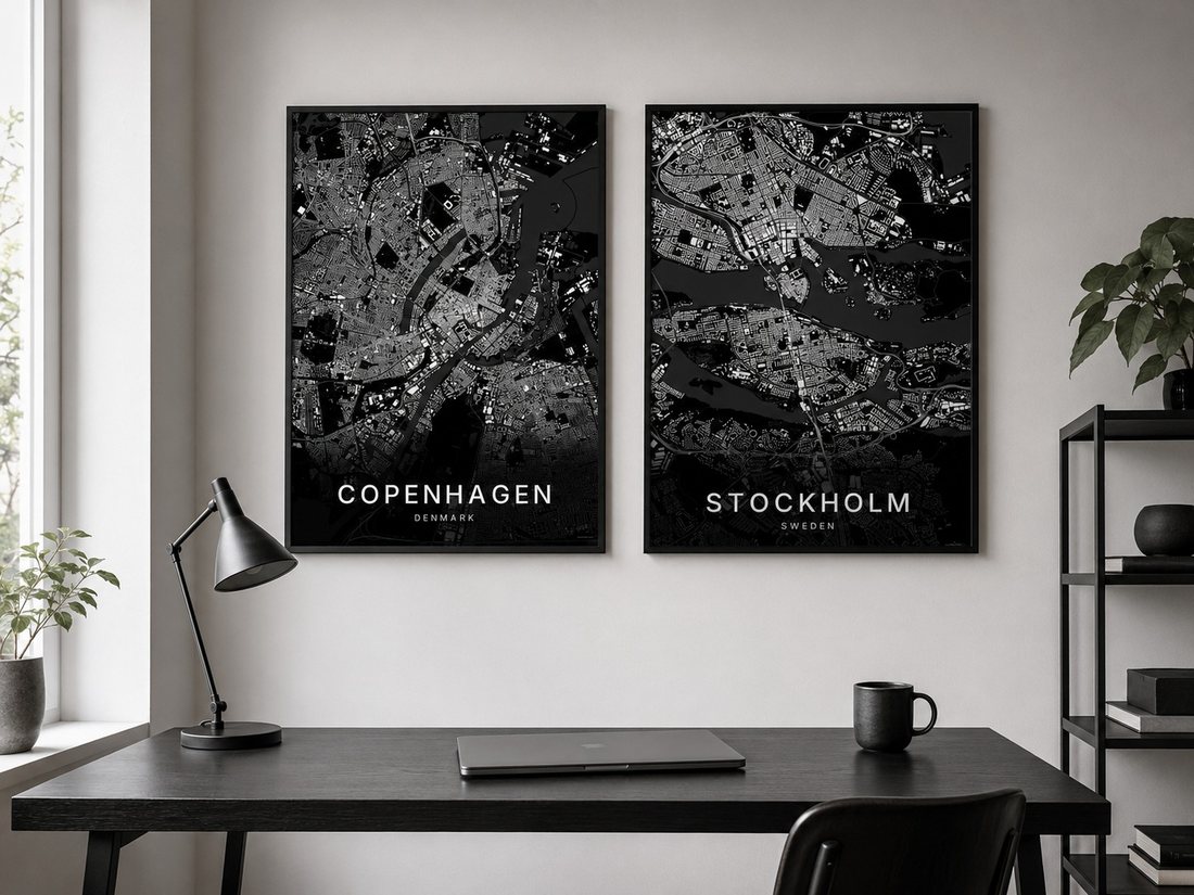 Copenhagen map print framed on a wall