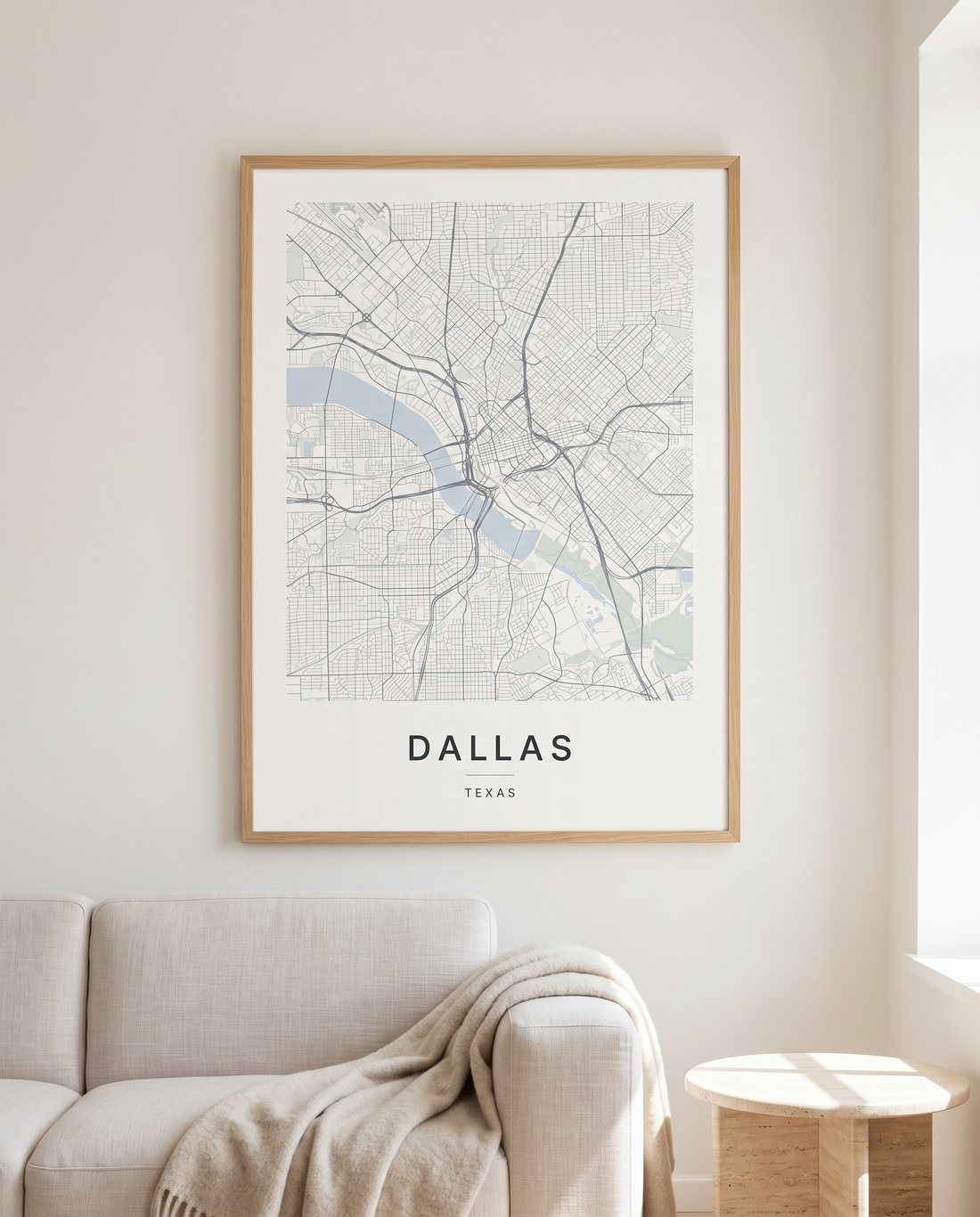 Dallas map print framed on a wall