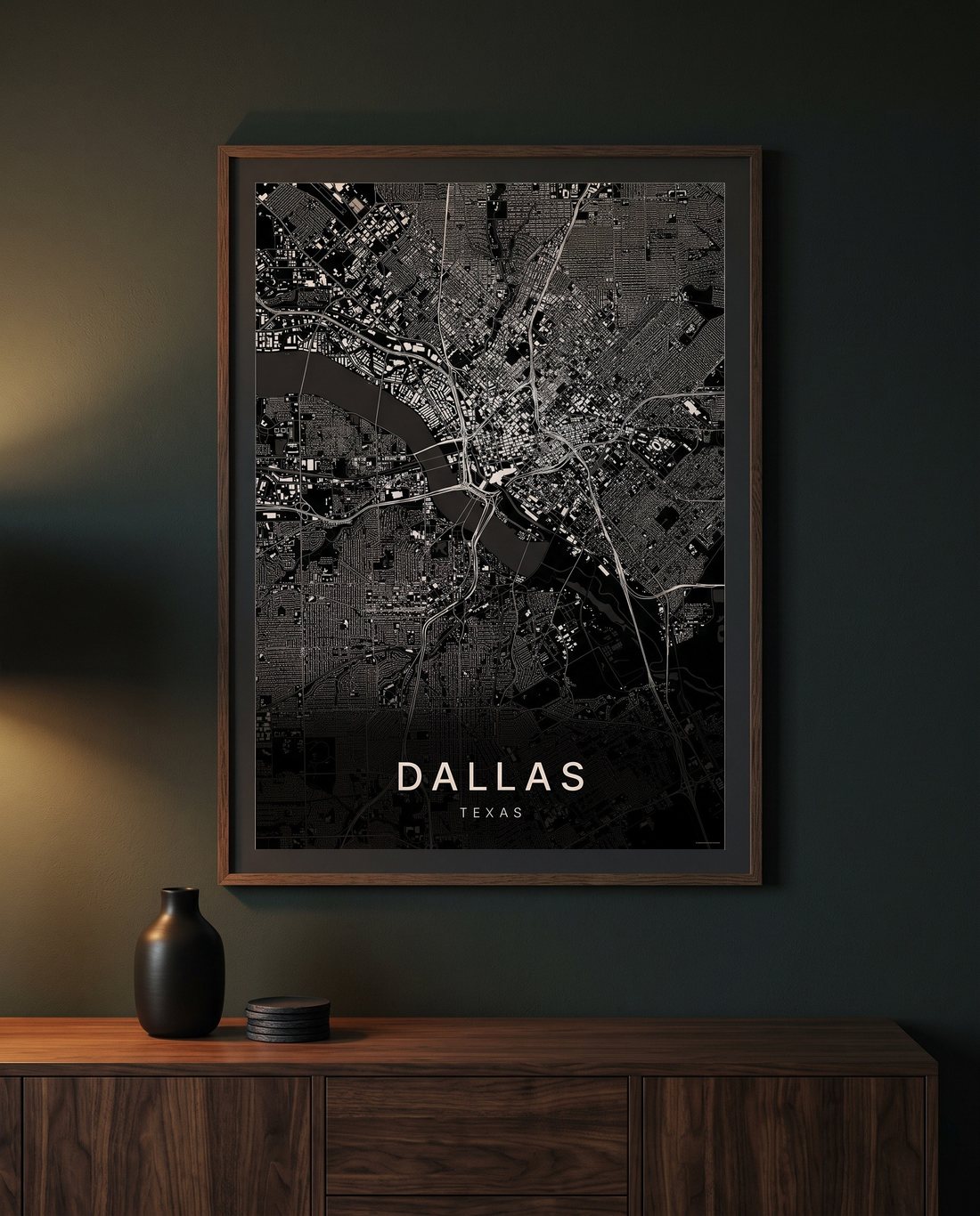 Dallas map print framed on a wall