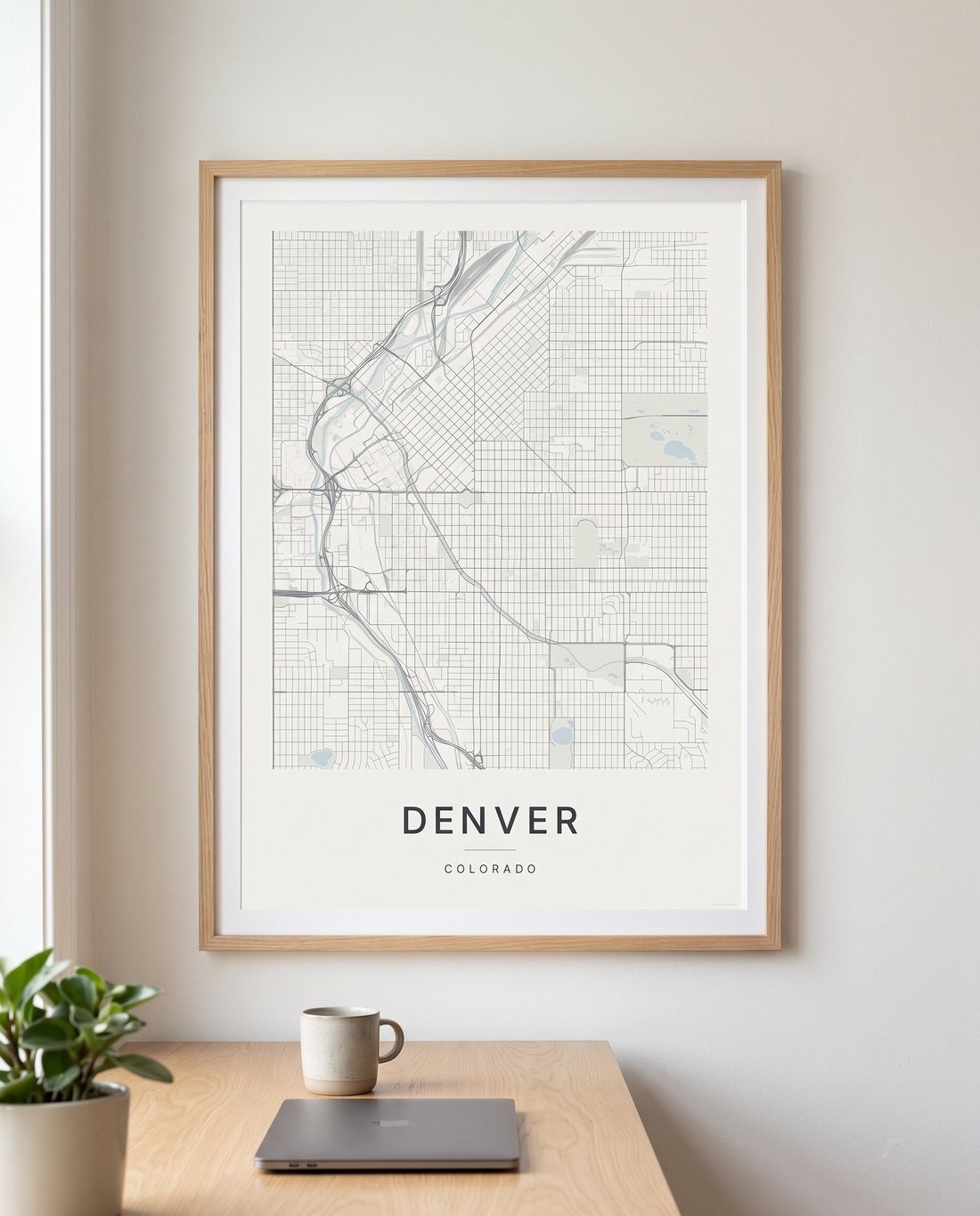 Denver map print framed on a wall