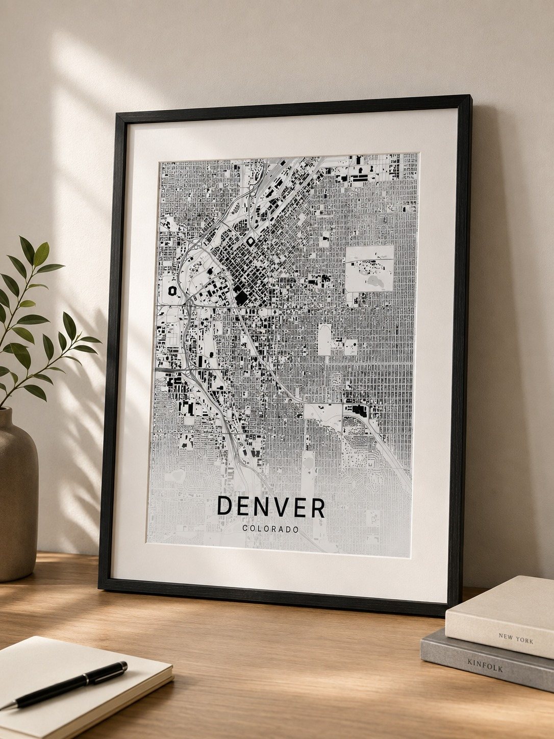 Denver map print framed on a wall
