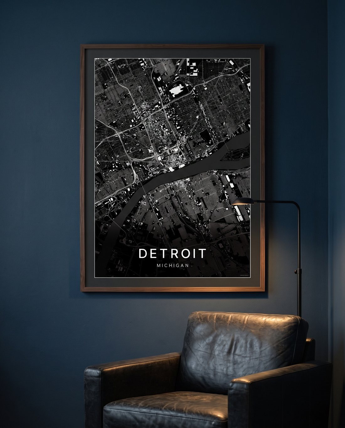 Detroit map print framed on a wall
