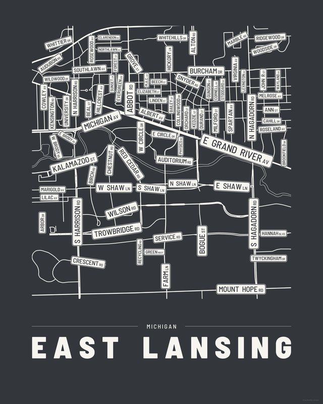 East Lansing street map print, Ink colorway