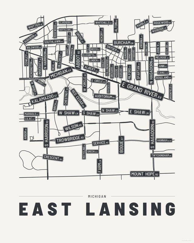 East Lansing street map print, Paper colorway