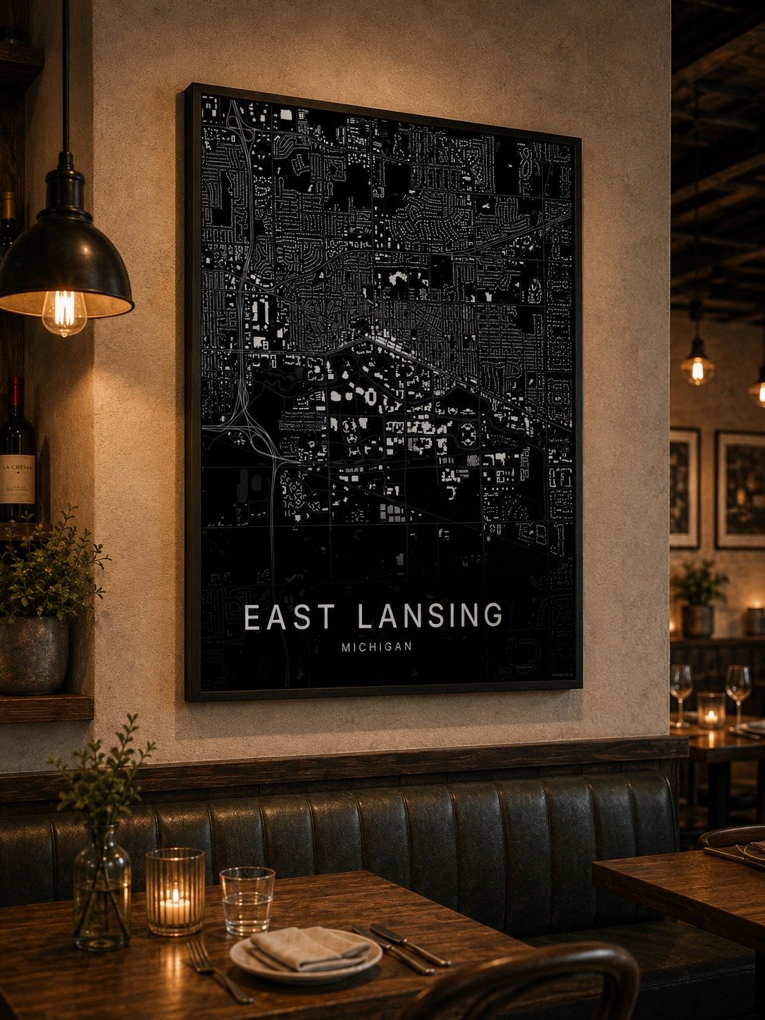 East Lansing map print framed on a wall