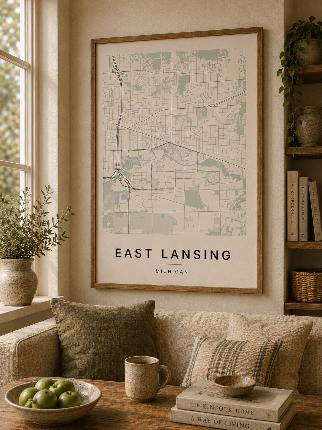East Lansing map print framed on a wall